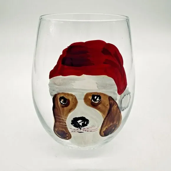 Christmas Holiday Dogs Stemless Wine Glasses Pier 1 Imports Hand Painted - Picture 12 of 16